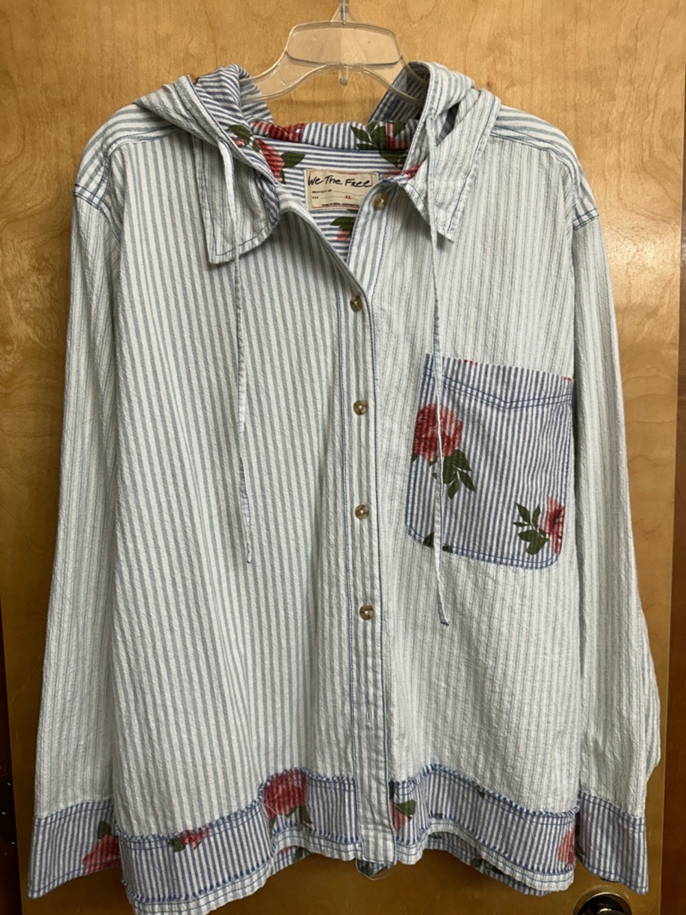 Free People Blue and White Striped Button-Down Shirt with Floral Trim